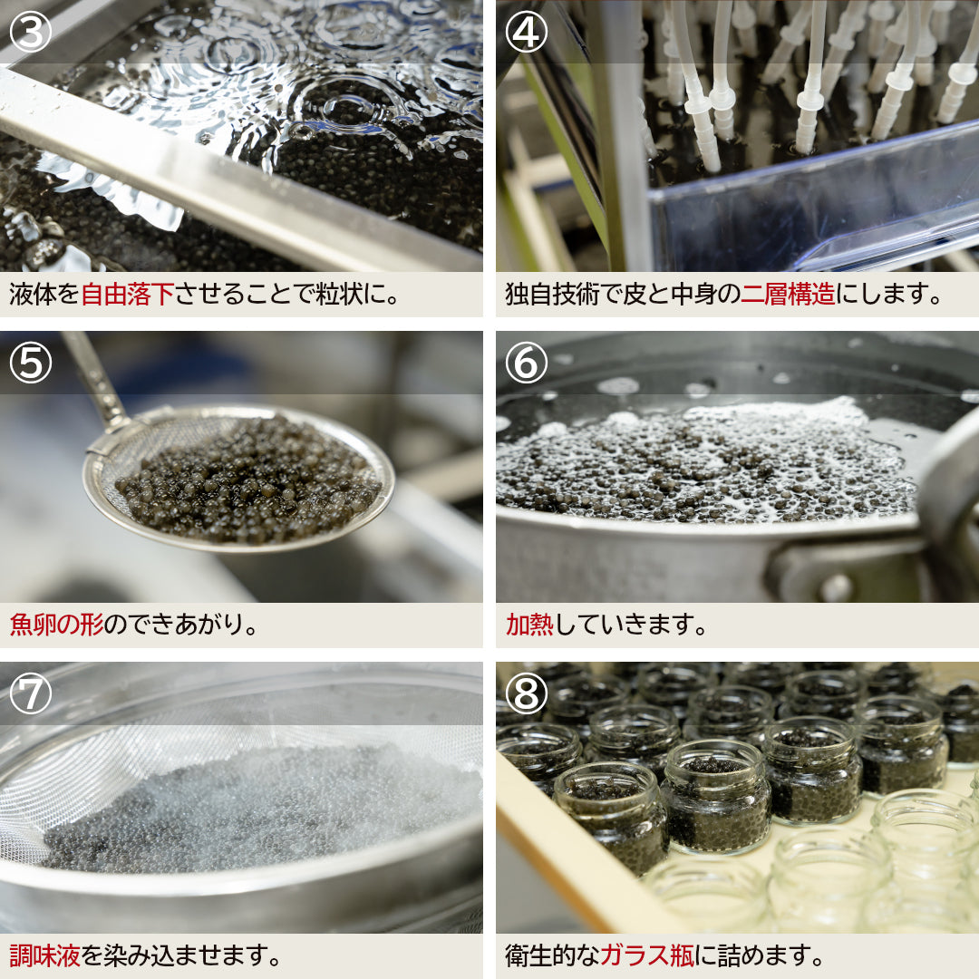 液体を自由落下させて粒状にする様子からガラス瓶に詰めるまでの6枚組の製造風景です。