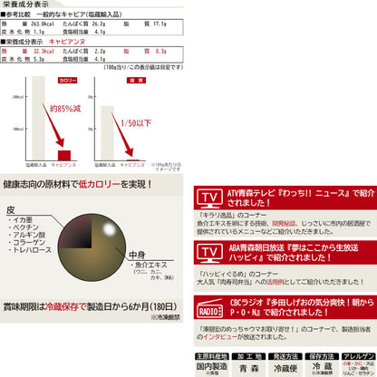 本物のキャビアに比べ、カロリーと脂質が少ないことを示すグラフと原料の図示です。