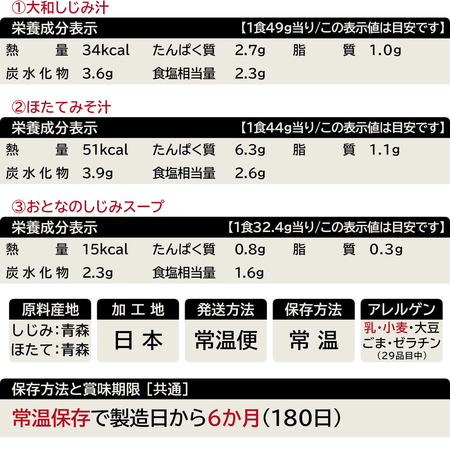 貝のみそ汁・スープセットの一覧表示(29品目対応)