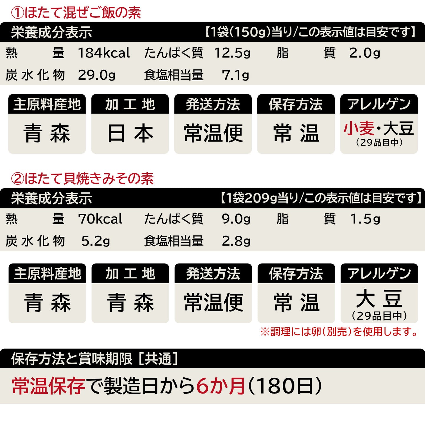 ほたて調理セットの一覧表示(29品目対応)